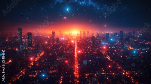 Futuristic city at night with vibrant lights and starry sky.