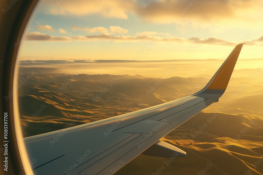 Obraz premium Airplane Wing View at Sunrise Over Landscape 