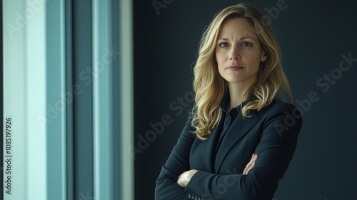 Confident Businesswoman in Professional Attire with Blonde Hair, Standing with Arms Crossed and a Serious Expression in a Modern Office Setting