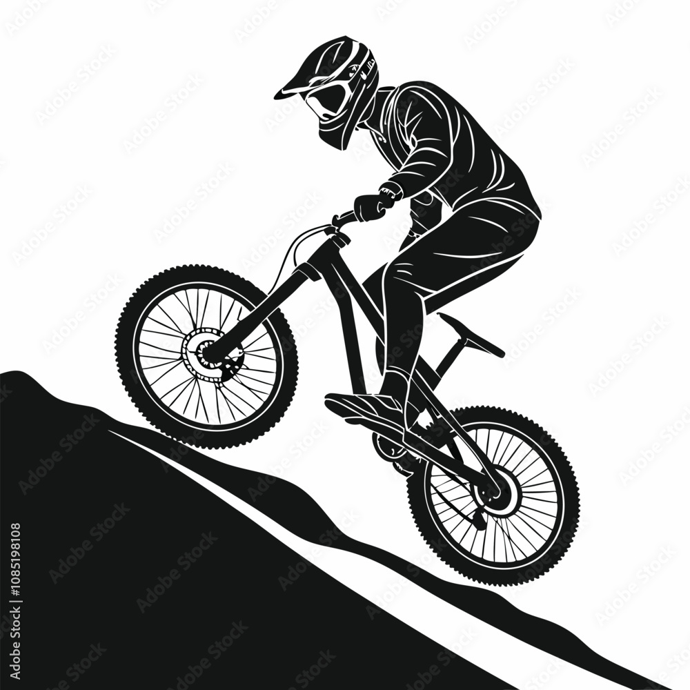 Naklejka premium Black and White Silhouette Design of a Mountain Bike Cyclist Jumping, Without Helmet, Turning Handlebars Left – Perfect for Sports Illustrations and Adventure Themes