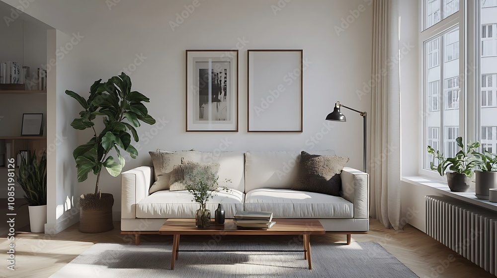 Fototapeta premium Cozy living room with a modern aesthetic and indoor plants.