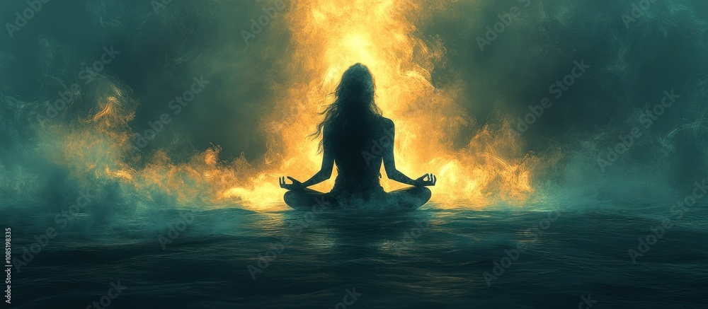 Silhouette of a Woman Meditating in a Mystical Atmosphere Silhouette of a Woman Meditating in a Mystical Atmosphere