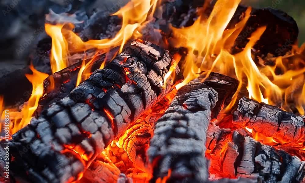 Burning Wood with Glowing Flames in a Warm Campfire Setting with Dark Background : Generative AI Burning Wood with Glowing Flames in a Warm Campfire Setting with Dark Background : Generative AI