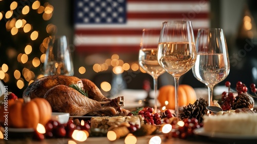 xAn inviting Thanksgiving dinner setup with warm lighting, featuring the USA flag in the background,