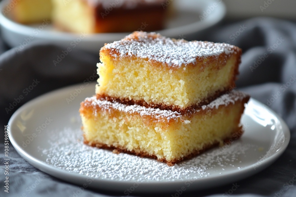 Deliciously Soft and Fluffy Cake Slices with Powdered Sugar Topping Deliciously Soft and Fluffy Cake Slices with Powdered Sugar Topping