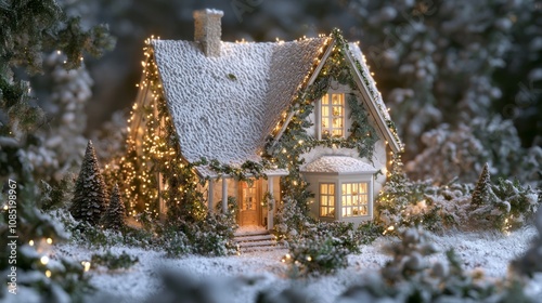 Enchanting Christmas Scene in Warm Winter Climate - Quaint Cottage Decorated for Holidays Surrounded by Greenery Instead of Snow photo