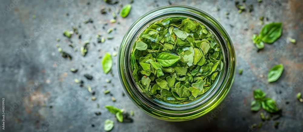 Fresh Basil Leaves in a Jar