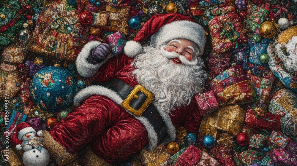 Fototapeta premium Holiday collection with Santa, snowman, baubles, and gifts. Beautifully detailed vector design for cards and decor.