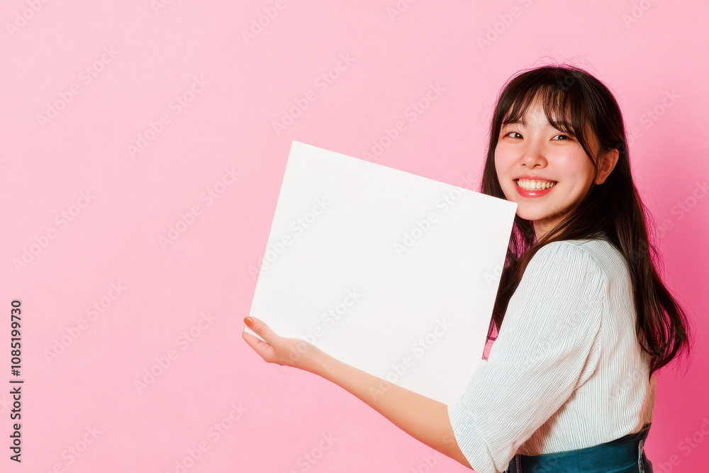Smiling Woman Holding Blank Sign Against Pink Background Smiling Woman Holding Blank Sign Against Pink Background