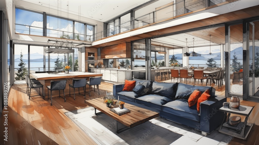 Hand drawn color sketch of modern luxury kitchen interior with panoramic window Interior design. Hand drawn color sketch of modern luxury kitchen interior with panoramic window Interior design.