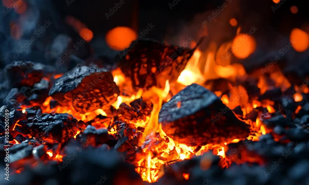 Intense glowing coal embers with fiery sparks and dynamic energy in a dark setting : Generative AI