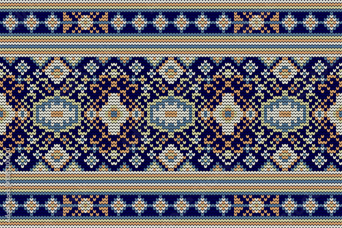 Crochet pattern,crochet floral pattern on navy blue background,geometric pattern,vector illustration,floral cross stitch,Aztec style,abstract background.design for texture,fabric,clothing,decoration.