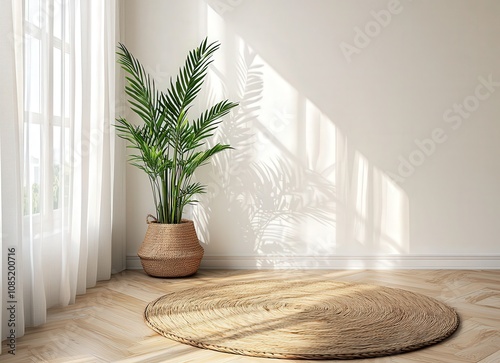 Serene minimalist interior scene featuring a woven rug, potted palm plant, and sheer curtains bathed in sunlight, creating a calm and peaceful atmosphere.