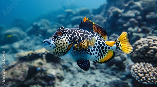 A vibrant underwater scene featuring a colorful fish swimming among coral reefs.