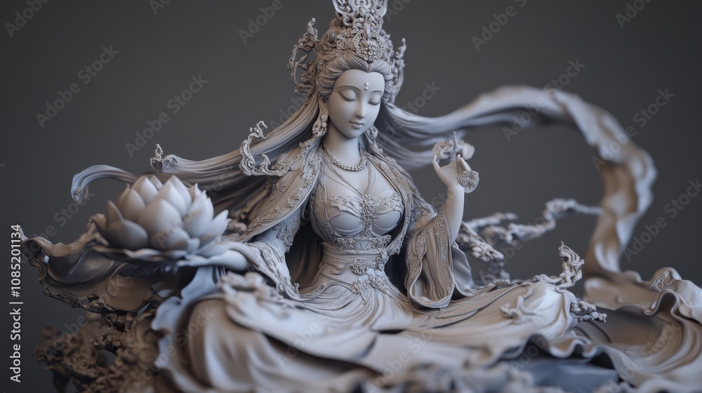 Fototapeta premium Intricate Guanyin holding lotus, soft light enhancing her flowing robes, very lifelike
