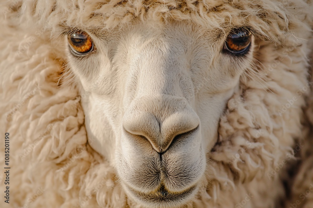 Close-Up of a Fluffy White Alpaca with Expressive Eyes Close-Up of a Fluffy White Alpaca with Expressive Eyes
