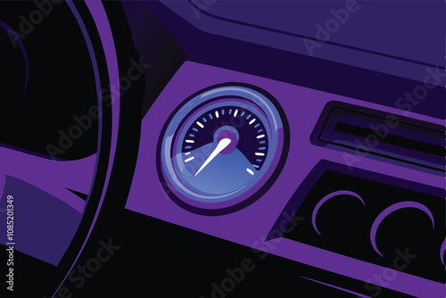 A close-up shot of a car's illuminated speedometer at night, showcasing the glowing needles and digital display in a dimly lit interior.