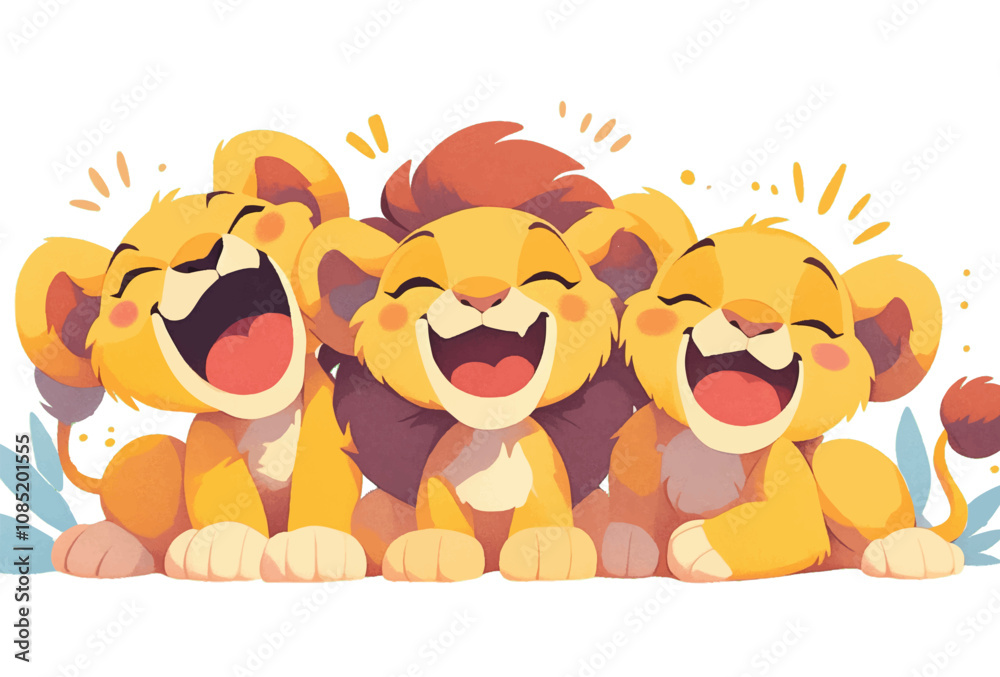 Naklejka premium Three cheerful cartoon lion cubs laughing joyfully together.