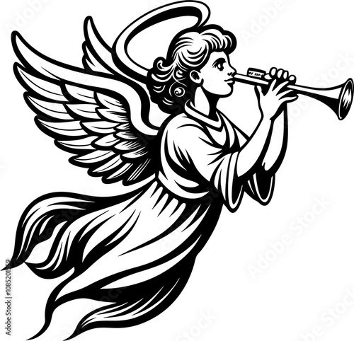 angel, trumpet angel, angel blowing, Christmas, vector,  illustration, black and white 