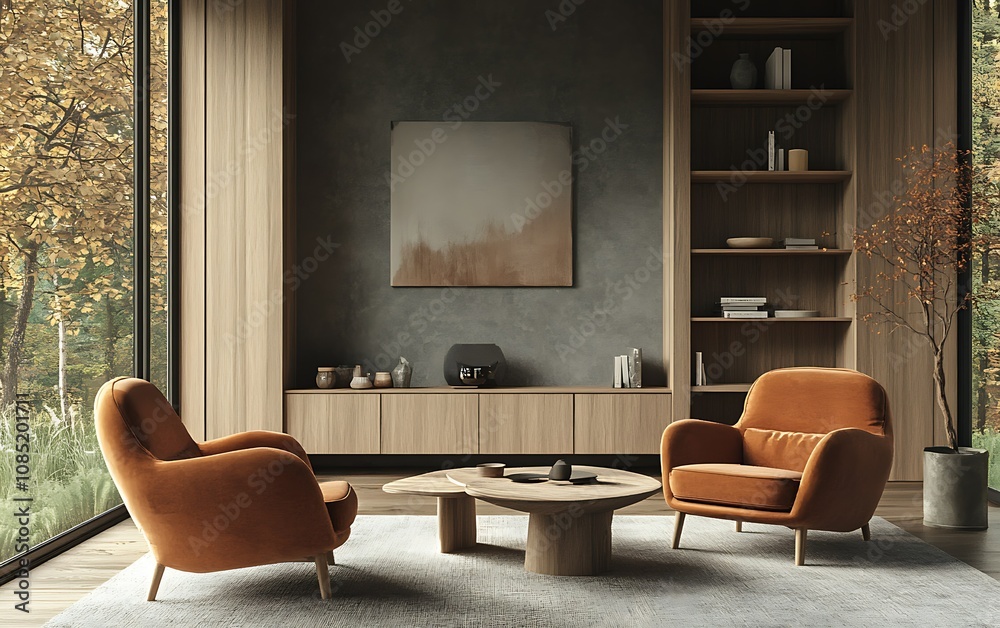 Cozy modern living room with orange chairs and nature view. Cozy modern living room with orange chairs and nature view.