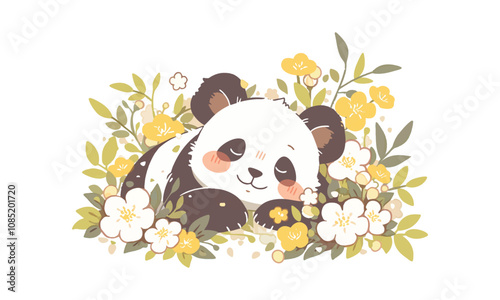 A cute panda nestled among colorful flowers, conveying a sense of warmth and tranquility.