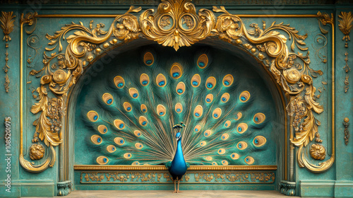 Vibrant peacock with fanned tailfeathers in ornate frame showcasing natural beauty photo