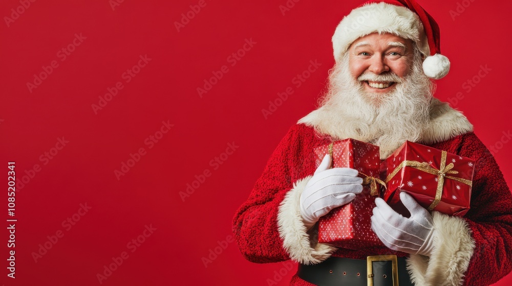 Photograph of a smiling Santa Claus holding Christmas gifts, isolated on a red background Photograph of a smiling Santa Claus holding Christmas gifts, isolated on a red background