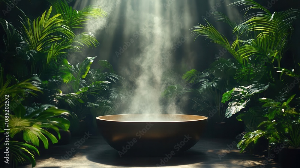 Steam rising from a serene bath surrounded by green plants, Self-care, Zen Steam rising from a serene bath surrounded by green plants, Self-care, Zen