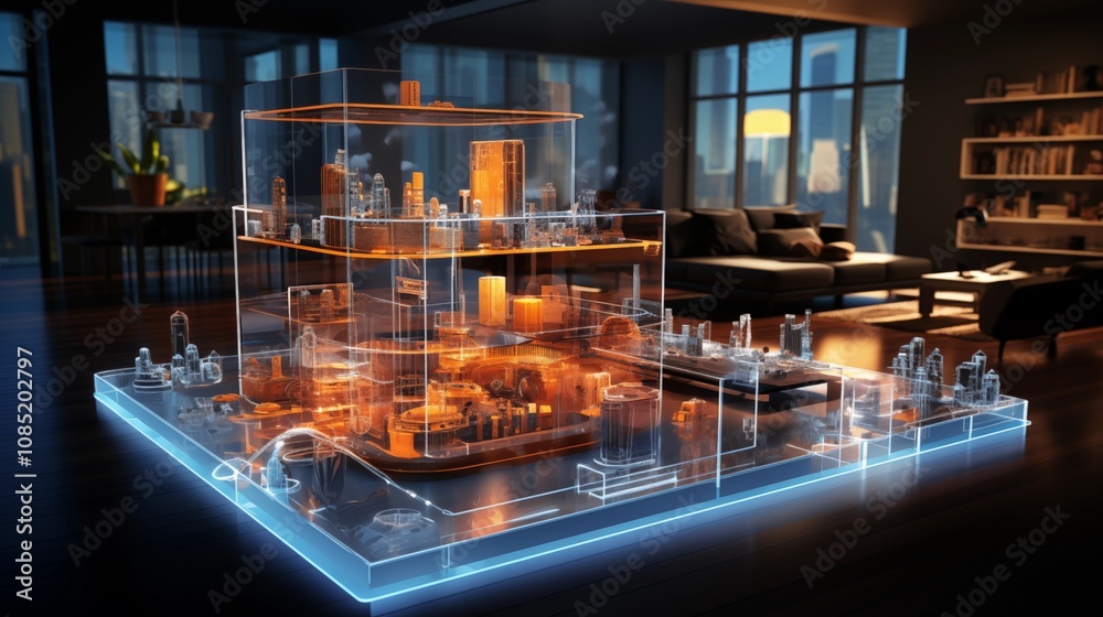 Holographic interactive floor plan showcasing the design of a modern futuristic on a table Holographic interactive floor plan showcasing the design of a modern futuristic on a table