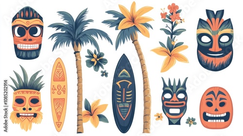 Collection of Polynesian  Masks and Surfing  Elements photo