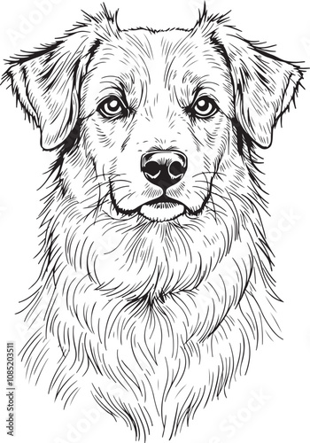 Newfoundland Dog Puppy Portrait Linear Drawing Sketch Art Black and White Vector Illustration