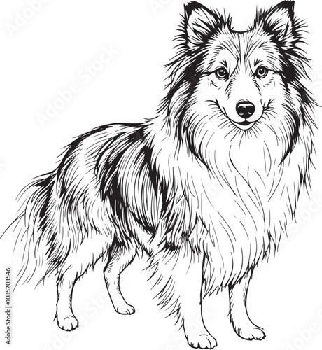 Shetland Dog Puppy Portrait Linear Drawing Sketch Art Black and White Vector Illustration