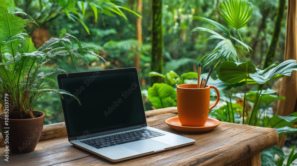Fototapeta premium digital nomad home concept. serene workspace with laptop, plants, and coffee mug in nature