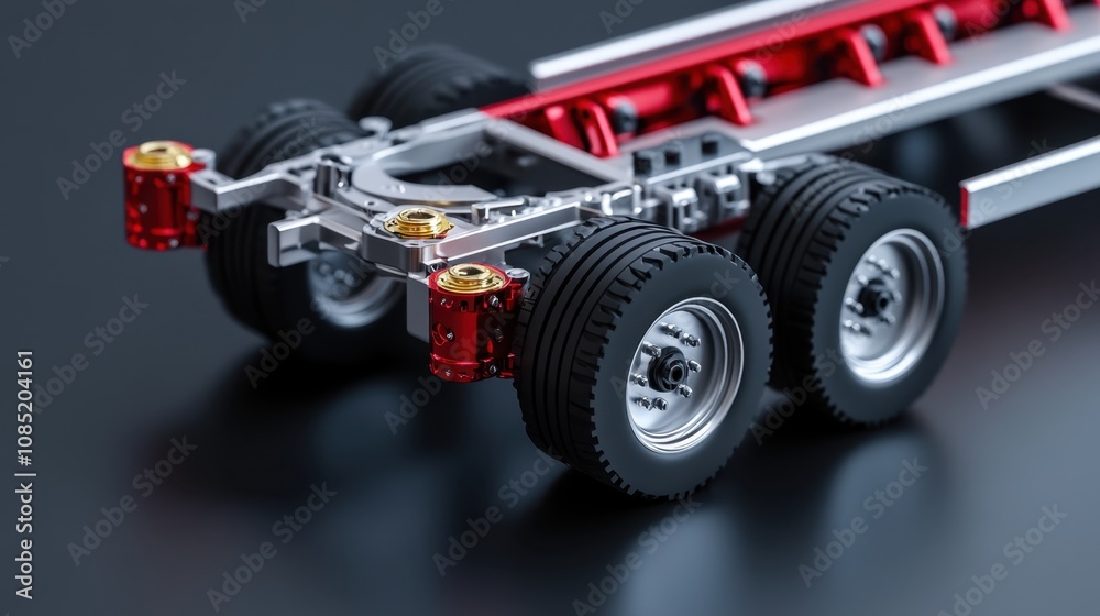 Lifelike truck frame with detailed wheel assembly and axle structure, ideal for industrial visual needs