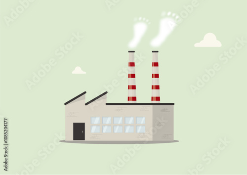 Industrial Factory Carbon Footprint Environmental Impact Illustration. Carbon footprint smoke rising from industrial chimneys represents carbon footprint and air pollution. Carbon footprint vector