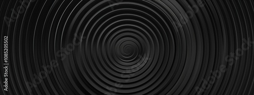 Minimalist concentric circles wallpaper on a black background. Banner template with white space for text, perfect for modern and professional design purposes.