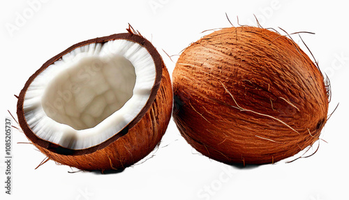 A split coconut with the flesh exposed and a whole coconut next to it, isolated on a white background. 