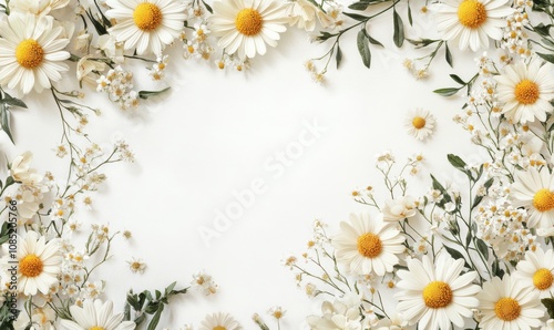 Floral frame with daisy flowers on white background