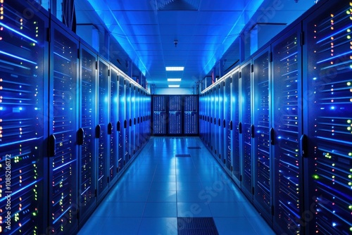 Modern data center with rows of network servers storing data