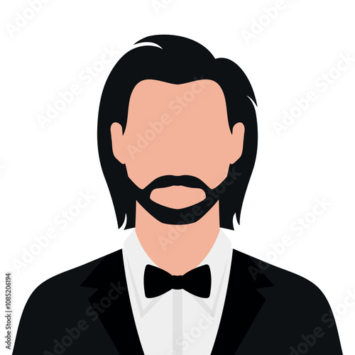 Abstract faceless bearded man with long hair in tuxedo and bow tie. Vector illustration