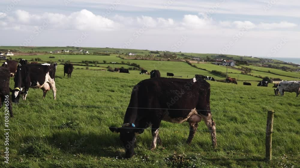 Black and white cows are eating grass in a fenced-in pasture. Green hills and a few buildings are seen in the background. Black and white cows are eating grass in a fenced-in pasture. Green hills and a few buildings are seen in the background.