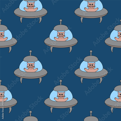 Seamless Pattern with funny cat in UFO spaceship on blue background. Flat vector Illustration.