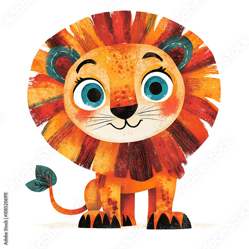 cute cartoon lion with colorful mane and big blue eyes, exuding whimsical charm. This quirky character is perfect for children illustrations and playful designs photo