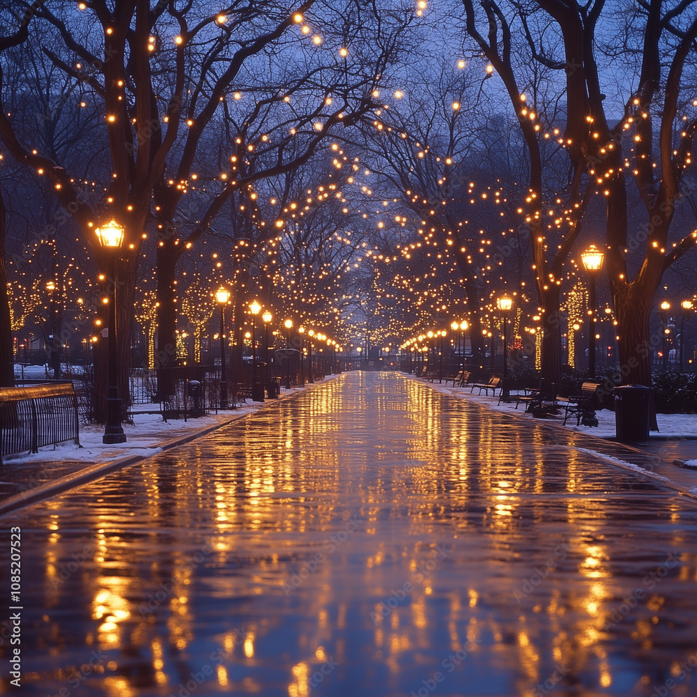A captivating winter scene of a tree-lined street bathed in the warm glow of twinkling lights. The wet pavement reflects the festive illumination, creating a magical and romantic ambiance A captivating winter scene of a tree-lined street bathed in the warm glow of twinkling lights. The wet pavement reflects the festive illumination, creating a magical and romantic ambiance