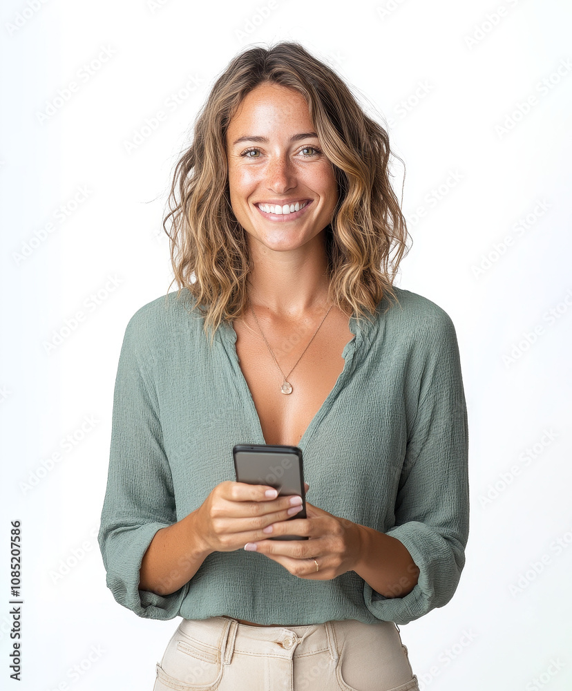 Fototapeta premium Joyful woman smiling and using smartphone on a bright background