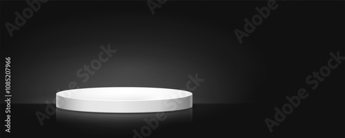 Round white podium on dark background. Empty pedestal for award ceremony or product presentation. Minimalist platform concept. Vector illustration.