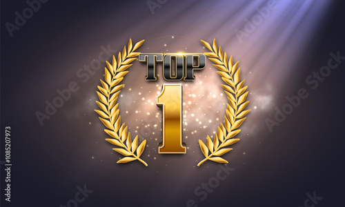 Top 1 award poster. Presentation with golden laurel wreath. Vector illustration.