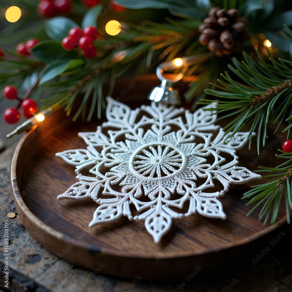 Intricate handmade snowflake ornament on a wooden tray surrounded by pine and berries perfect for cozy holiday decor, photography of still life concept.