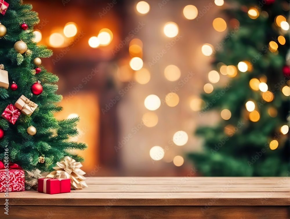 Empty Christmas Table Background With Christmas Tree For Product Display Montage Empty Christmas Table Background With Christmas Tree For Product Display Montage