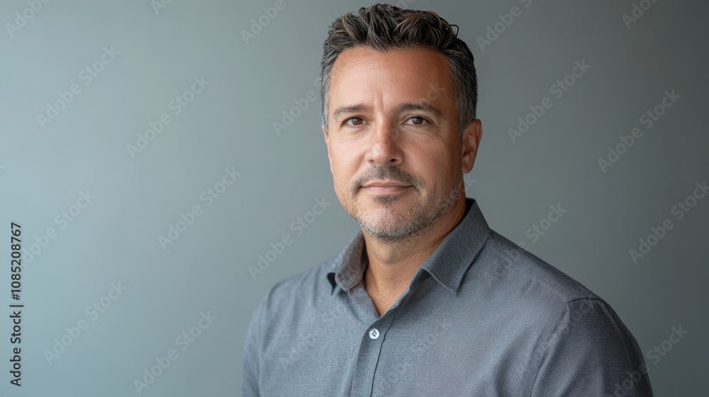 Confident Hispanic man in his 40s poses with a look of assurance, wearing a casual shirt against a neutral background. Confident Hispanic man in his 40s poses with a look of assurance, wearing a casual shirt against a neutral background.